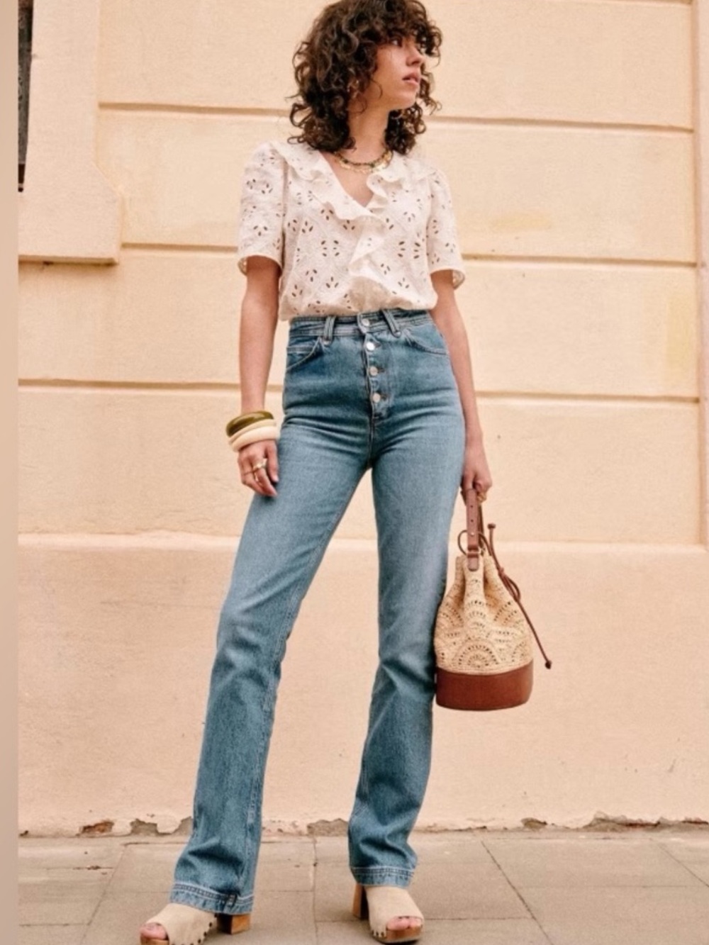 Sezane High-Rise Button-Fly Jeans in Light Blue Denim
